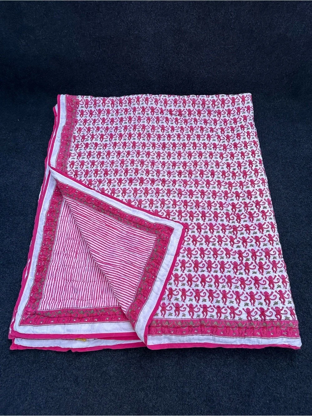 Roberta Roller Rabbit Pink Monkey & Stripe Block Print Cotton Quilt - Full Size